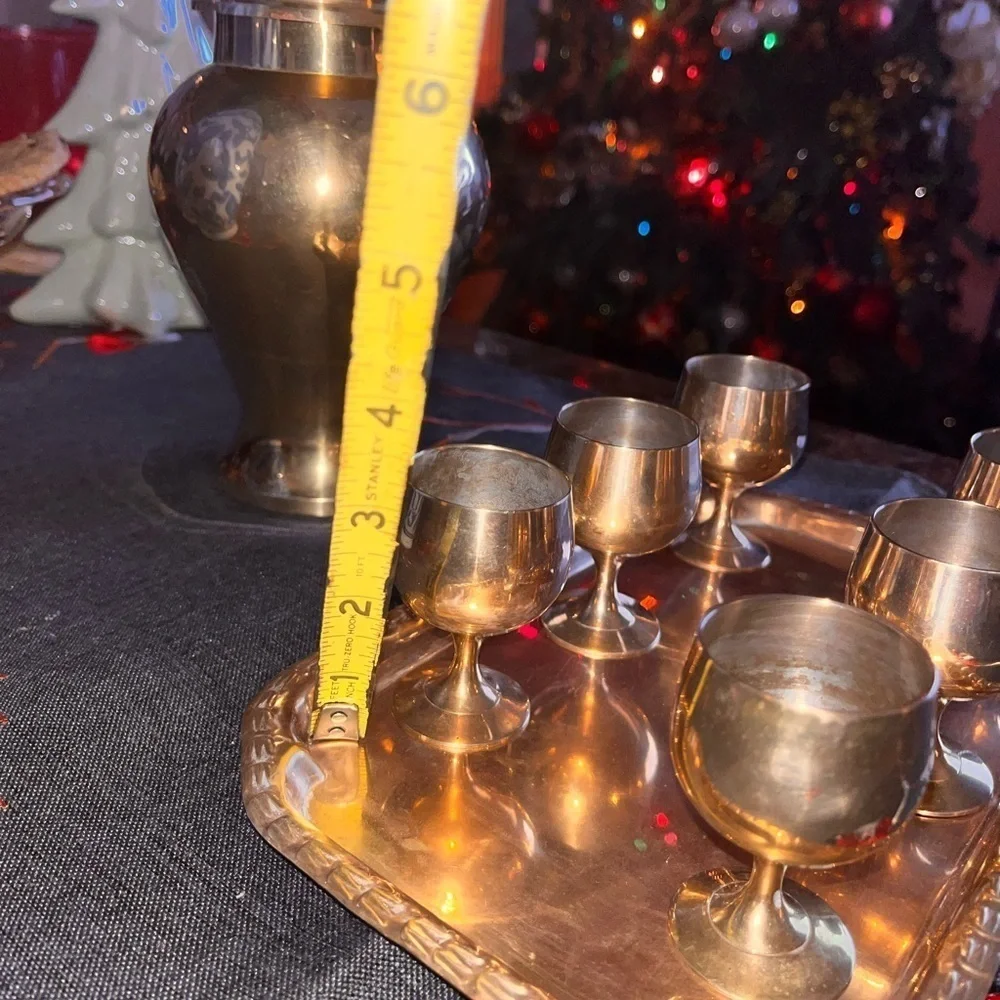 Vintage Solid Brass Barware Set 6 Cordial Shot Glass with tray
